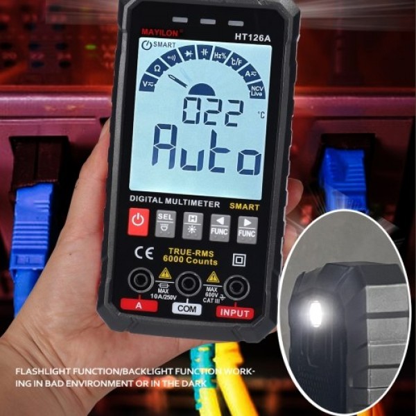 HT126B Handheld Portable Intelligent Digital Multimeter Large VA Screen Display 6000 Counts NCV True RMS Measurement wit