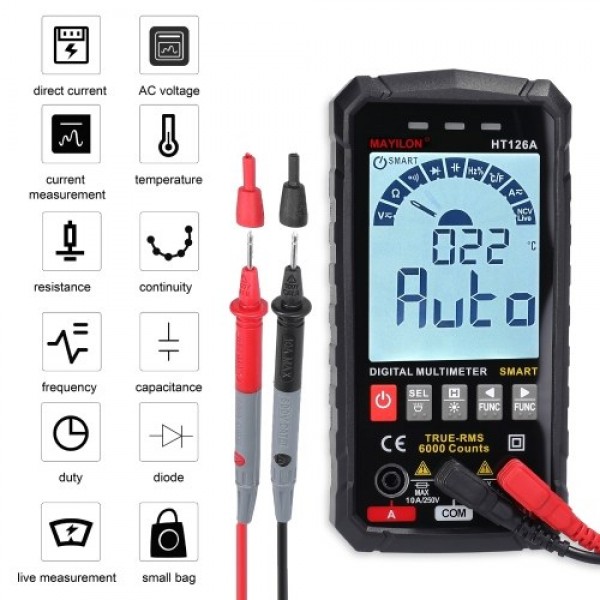 HT126B Handheld Portable Intelligent Digital Multimeter Large VA Screen Display 6000 Counts NCV True RMS Measurement wit