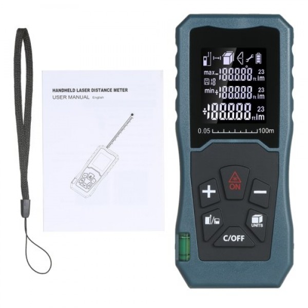 Laser Distance Meter Handheld 1.6-inch LCD Diastimeter Bubble Level Pythagorean Mode Measure Distance Area and Volume (100M)