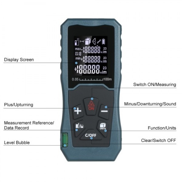 Laser Distance Meter Handheld 1.6-inch LCD Diastimeter Bubble Level Pythagorean Mode Measure Distance Area and Volume (100M)