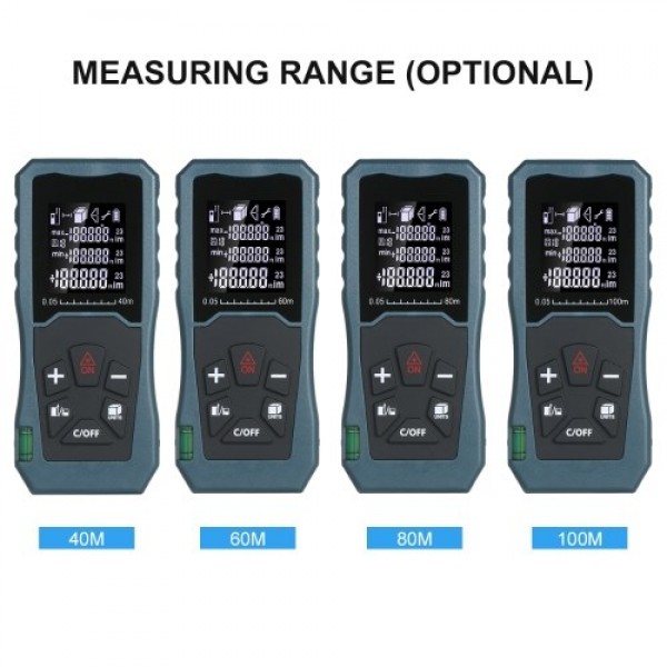 Laser Distance Meter Handheld 1.6-inch LCD Diastimeter Bubble Level Pythagorean Mode Measure Distance Area and Volume (100M)