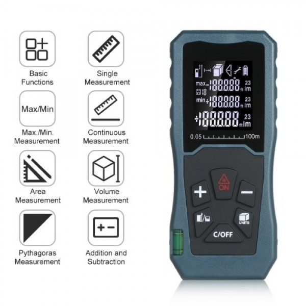 Laser Distance Meter Handheld 1.6-inch LCD Diastimeter Bubble Level Pythagorean Mode Measure Distance Area and Volume (100M)