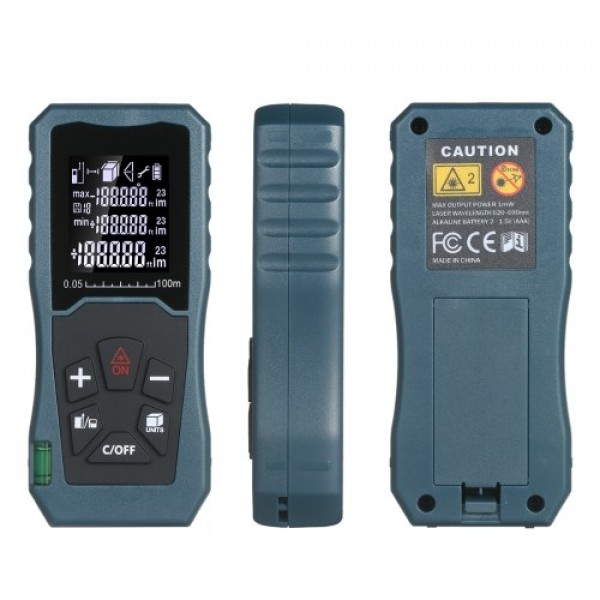 Laser Distance Meter Handheld 1.6-inch LCD Diastimeter Bubble Level Pythagorean Mode Measure Distance Area and Volume (100M)