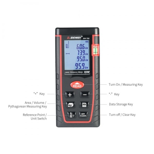 60m Mini Handheld LCD Digital Laser Distance Meter Range Finder Distance Area Volume Measurement 30 Groups Data Storage