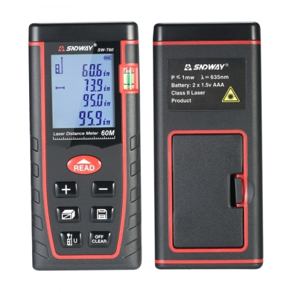 60m Mini Handheld LCD Digital Laser Distance Meter Range Finder Distance Area Volume Measurement 30 Groups Data Storage