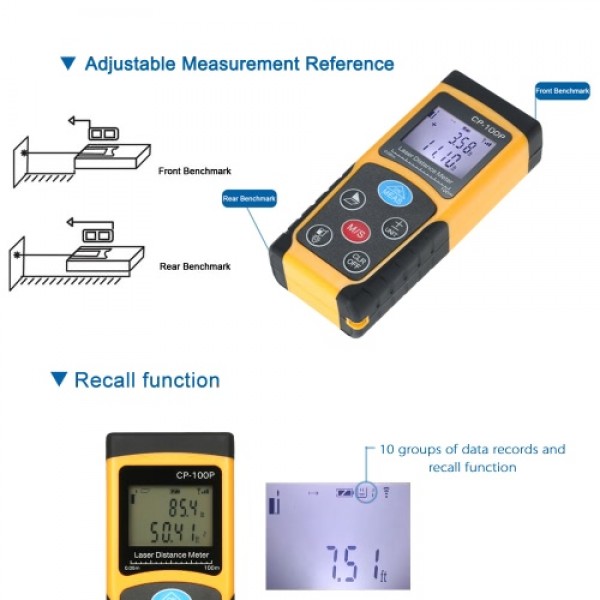 100m Portable Handheld Digital Laser Distance Meter High Precision Range Finder  Area Volume Measurement Data Storage with Backl