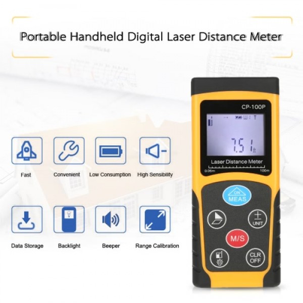 100m Portable Handheld Digital Laser Distance Meter High Precision Range Finder  Area Volume Measurement Data Storage with Backl
