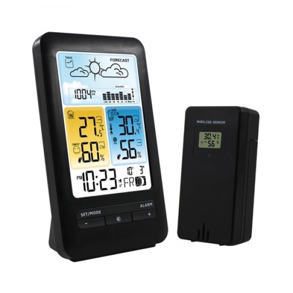 LCD Weather Station Alarm Clock with Snooze Digital Indoor Outdoor Temperature Humidity Monitor Thermohygrometer with Backlight/