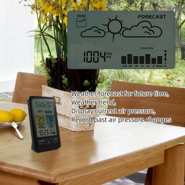 LCD Weather Station Alarm Clock with Snooze Digital Indoor Outdoor Temperature Humidity Monitor Thermohygrometer with Backlight/