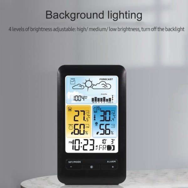LCD Weather Station Alarm Clock with Snooze Digital Indoor Outdoor Temperature Humidity Monitor Thermohygrometer with Backlight/