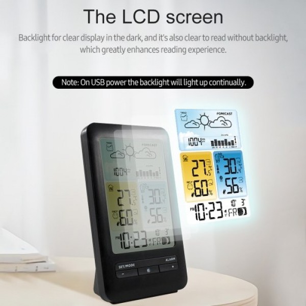 LCD Weather Station Alarm Clock with Snooze Digital Indoor Outdoor Temperature Humidity Monitor Thermohygrometer with Backlight/