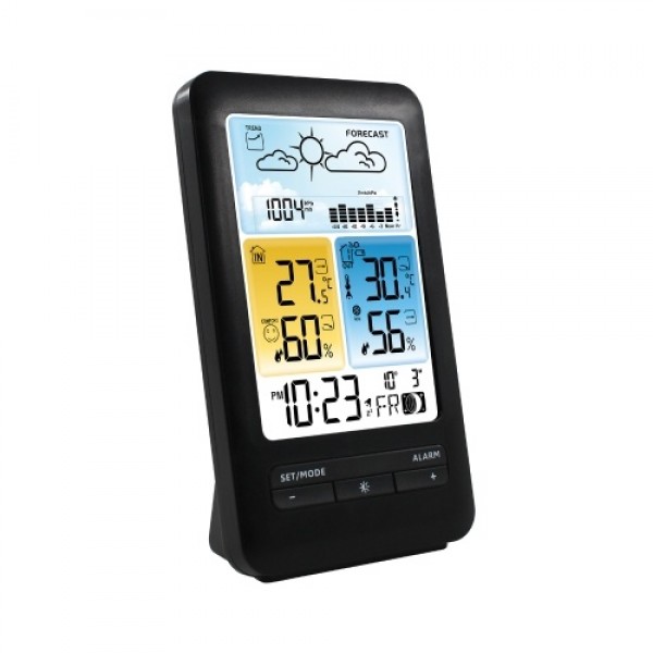 LCD Weather Station Alarm Clock with Snooze Digital Indoor Outdoor Temperature Humidity Monitor Thermohygrometer with Backlight/