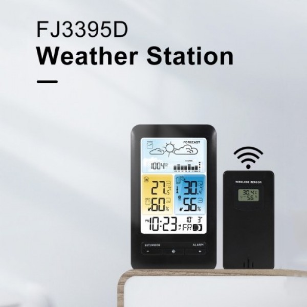 LCD Weather Station Alarm Clock with Snooze Digital Indoor Outdoor Temperature Humidity Monitor Thermohygrometer with Backlight/