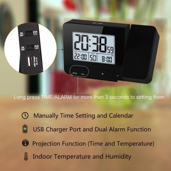 Projection Alarm Clock for Bedroom with Thermomete...
