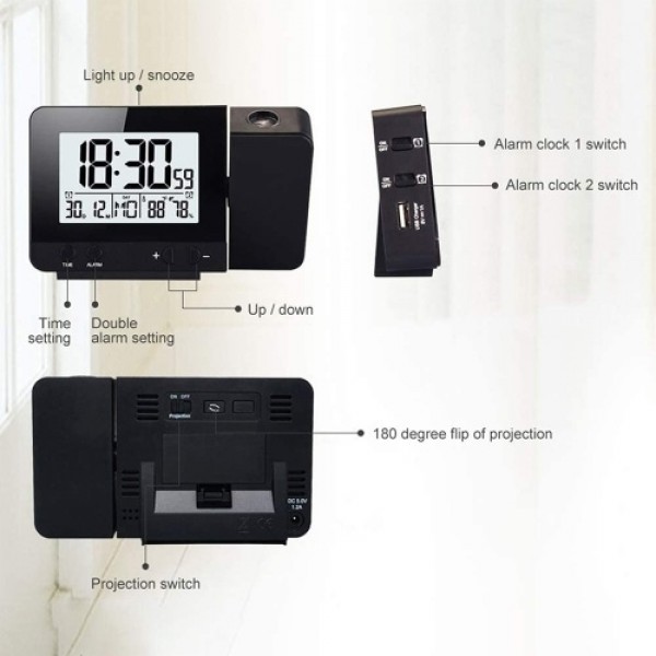 Projection Alarm Clock for Bedroom with Thermometer Hygrometer Digital Project Ceiling Clock Dimmable LED Display with USB Charg