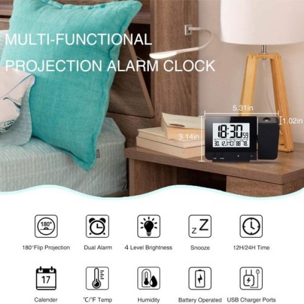 Projection Alarm Clock for Bedroom with Thermometer Hygrometer Digital Project Ceiling Clock Dimmable LED Display with USB Charg