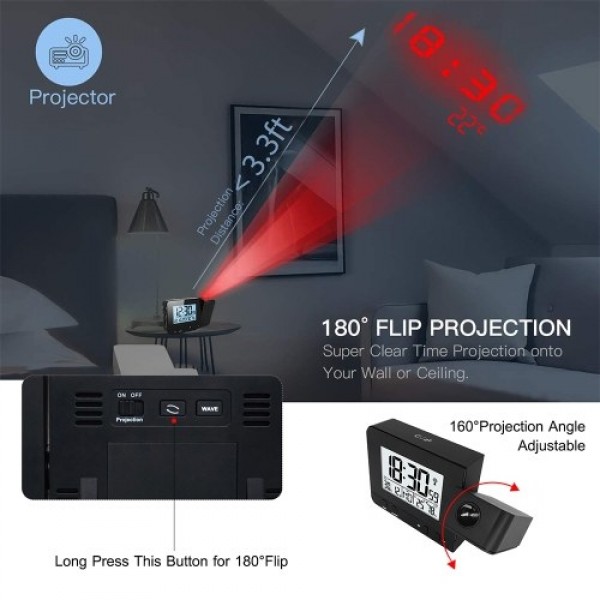 Projection Alarm Clock for Bedroom with Thermometer Hygrometer Digital Project Ceiling Clock Dimmable LED Display with USB Charg