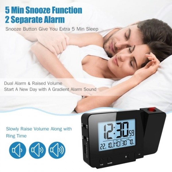Projection Alarm Clock for Bedroom with Thermometer Hygrometer Digital Project Ceiling Clock Dimmable LED Display with USB Charg