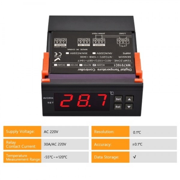 5A Digital Temperature Controller WK7016C1 Intelligent Temperature Regulator AC 220V Refrigerator Thermostat Support Heating/Coo