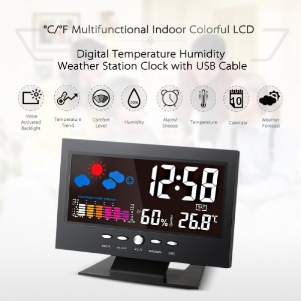°C/°F Multifunctional Indoor Colorful LCD Digital Temperature Humidity Meter Weather Station Clock Thermometer Hygrometer Calend