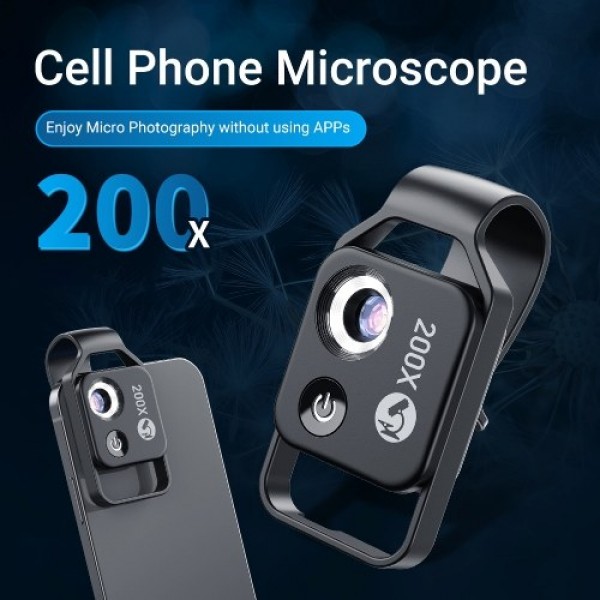 200X Portable Microscope Universal Mobilephone Microscope with 6 LED Lights 2 Level Brightness Adjustable No Need APP Multifunct
