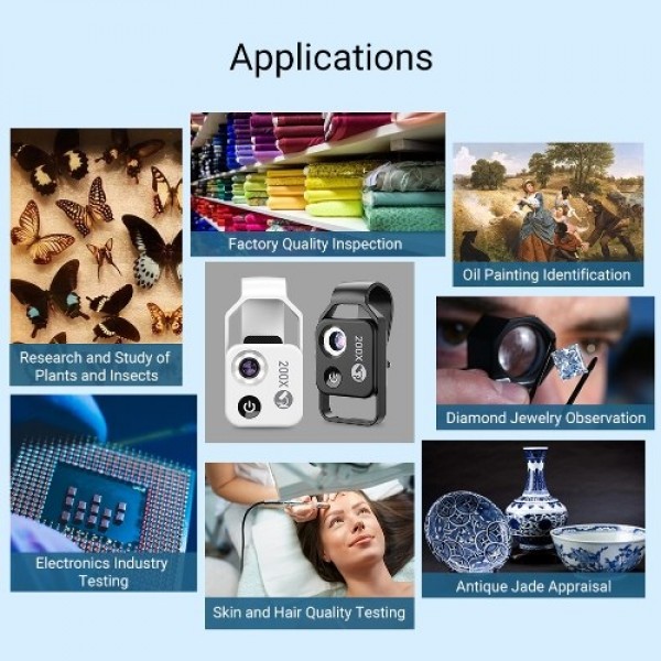 200X Portable Microscope Universal Mobilephone Microscope with 6 LED Lights 2 Level Brightness Adjustable No Need APP Multifunct