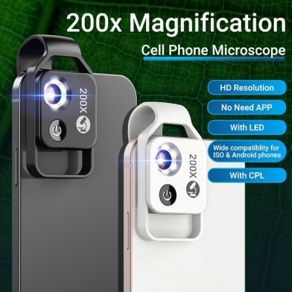 200X Portable Microscope Universal Mobilephone Microscope with 6 LED Lights 2 Level Brightness Adjustable No Need APP Multifunct