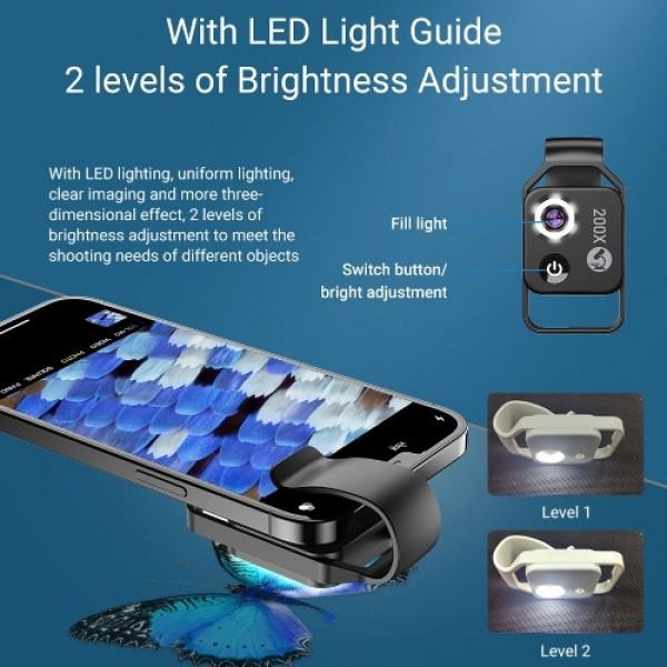 200X Portable Microscope Universal Mobilephone Microscope with 6 LED Lights 2 Level Brightness Adjustable No Need APP Multifunct