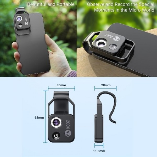 200X Portable Microscope Universal Mobilephone Microscope with 6 LED Lights 2 Level Brightness Adjustable No Need APP Multifunct