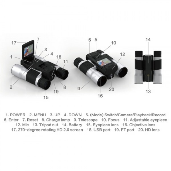 W32 Multi-function Digital Telescopes Digital Camera 2 in 1 2.0 Inch 270° Rotatable TFT Display 12x Optical Zoom 1080P Video for