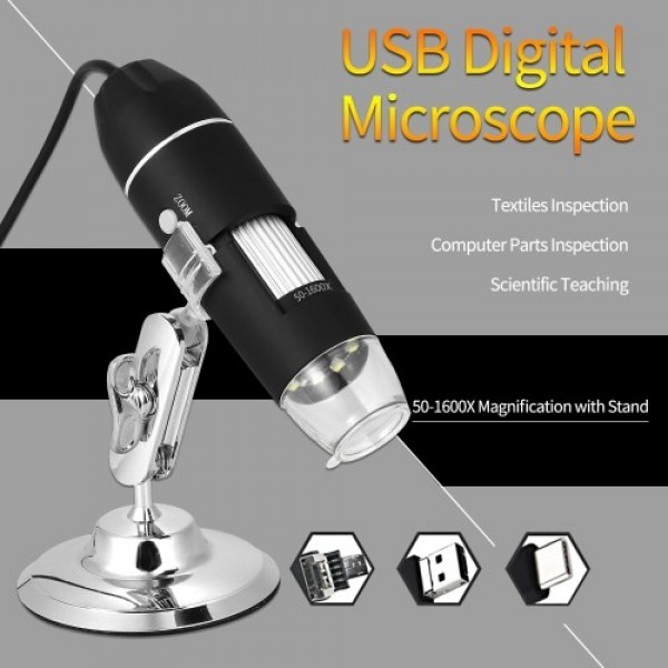 USB Digital Zoom Microscope Magnifier with OTG Function 8-LED Light Magnifying Glass 1600X Magnification with Stand