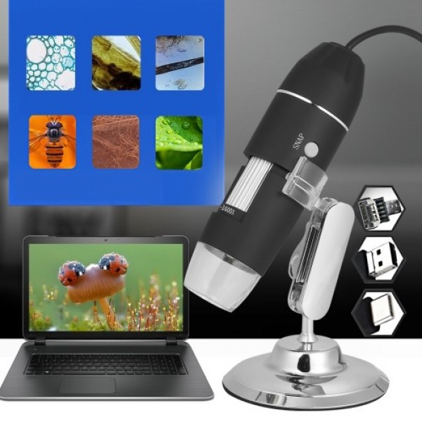 USB Digital Zoom Microscope Magnifier with OTG Function 8-LED Light Magnifying Glass 1600X Magnification with Stand