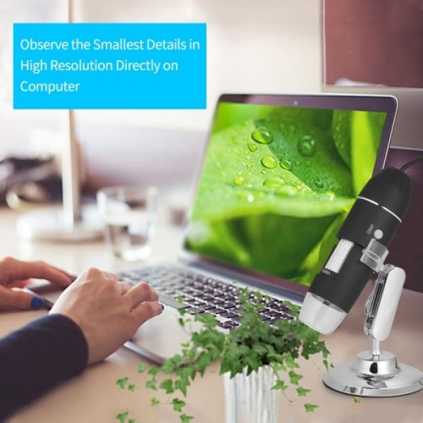 USB Digital Zoom Microscope Magnifier with OTG Function 8-LED Light Magnifying Glass 1600X Magnification with Stand
