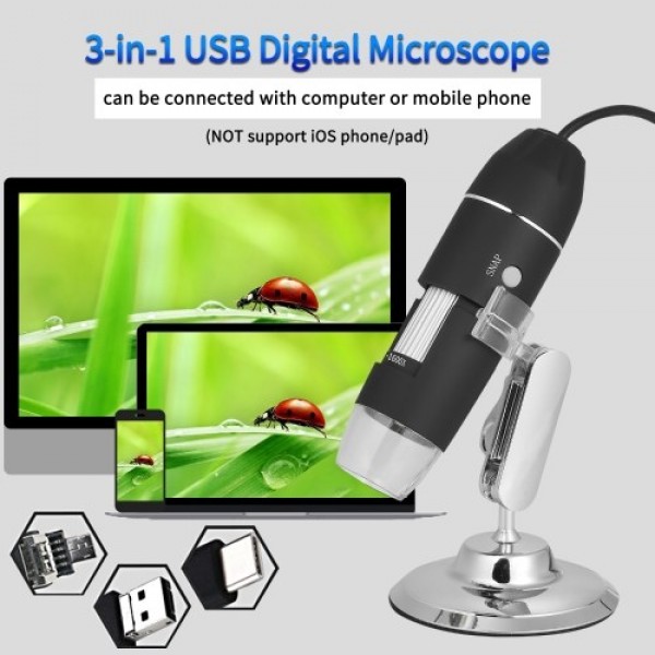USB Digital Zoom Microscope Magnifier with OTG Function 8-LED Light Magnifying Glass 1600X Magnification with Stand