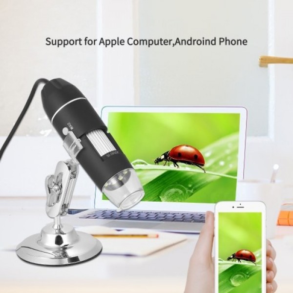 USB Digital Zoom Microscope Magnifier with OTG Function 8-LED Light Magnifying Glass 1600X Magnification with Stand