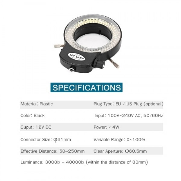 Variable 144 LED Ring Light for Stereo Microscope and Camera Adjustable Illuminator with Dimmer for Stereoscopic Microscope