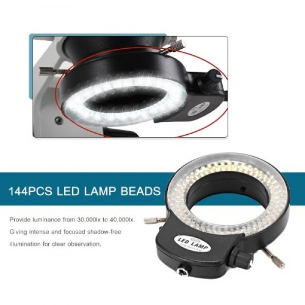 Variable 144 LED Ring Light for Stereo Microscope and Camera Adjustable Illuminator with Dimmer for Stereoscopic Microscope