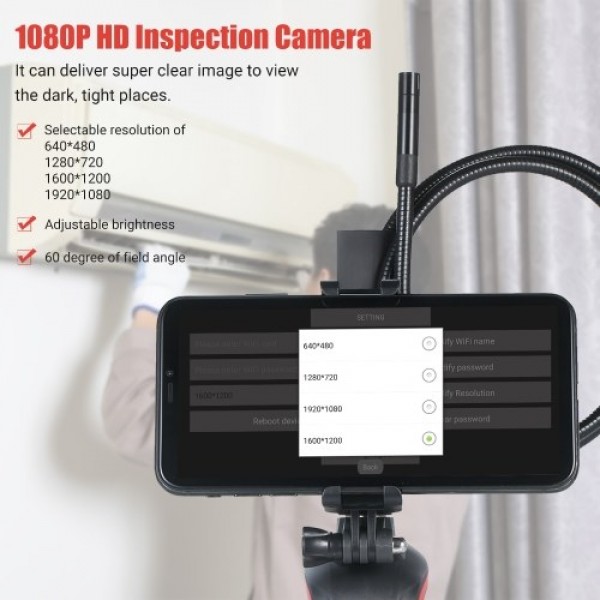 WiFi Industrial Endoscope 1080P HD Digital Borescope IP67 Waterproof Video Inspection Camera 2.78-feet Semi Rigid Snake Camera w