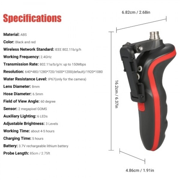 WiFi Industrial Endoscope 1080P HD Digital Borescope IP67 Waterproof Video Inspection Camera 2.78-feet Semi Rigid Snake Camera w