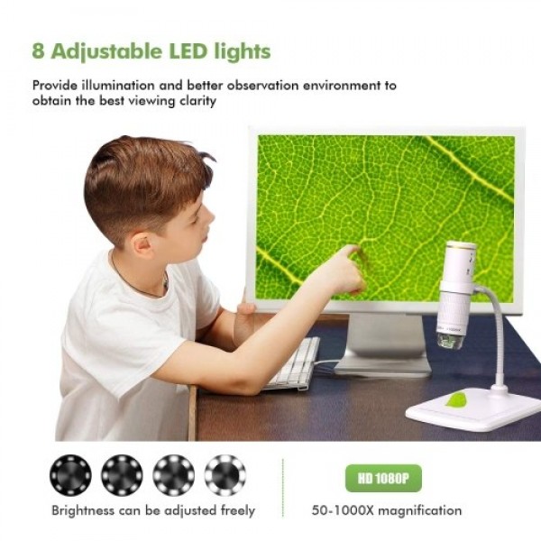 WiFi Digital Microscope HD 1080P Resolution 50 to 1000x Wireless Magnification Endoscope 8 LED Mini Camera with Updated Stand Po