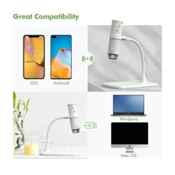 WiFi Digital Microscope HD 1080P Resolution 50 to 1000x Wireless Magnification Endoscope 8 LED Mini Camera with Updated Stand Po