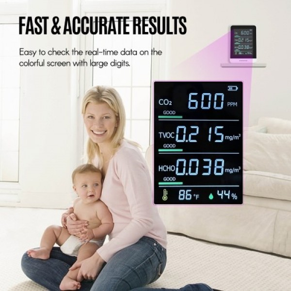 Air Quality Monitor CO2 Detector 5 in 1 IR Accurate Tester for CO2 TVOC HCHO Temperature Relative Humidity Real Time Reading wit