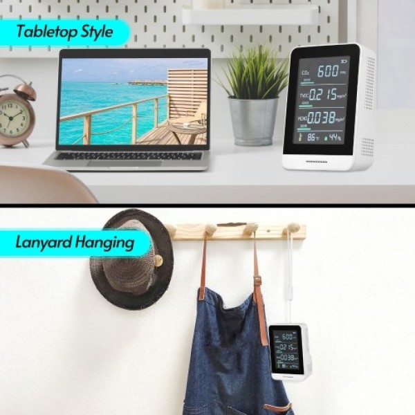 Air Quality Monitor CO2 Detector 5 in 1 IR Accurate Tester for CO2 TVOC HCHO Temperature Relative Humidity Real Time Reading wit