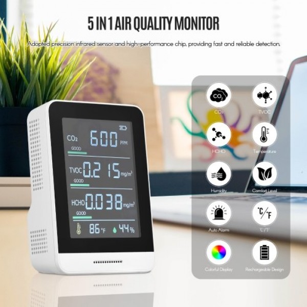 Air Quality Monitor CO2 Detector 5 in 1 IR Accurate Tester for CO2 TVOC HCHO Temperature Relative Humidity Real Time Reading wit