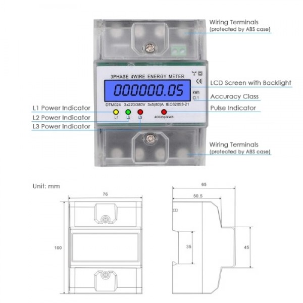 3 Phase 4 Wire Energy Meter 220/380V 5-80A Energy Consumption kWh Meter DIN Rail Installation Digital Electric Power Meter with 