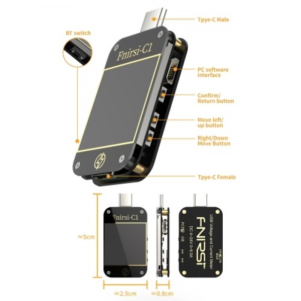 USB Power Meter Tester Type C USB Voltage Meter and Current Tester Multimeter BT Version 1.3 Inch Digital Color TFT Display 0-6.