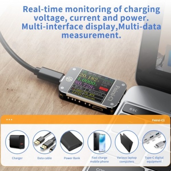 USB Power Meter Tester Type C USB Voltage Meter and Current Tester Multimeter BT Version 1.3 Inch Digital Color TFT Display 0-6.