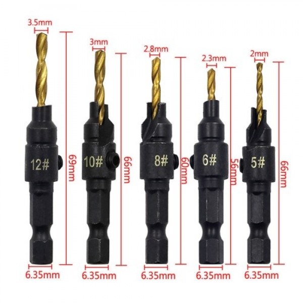 5PCS Countersink Drill Bit Set High Speed Steel with 1 Free Hex Key Wrench for Woodworking and Carpentry
