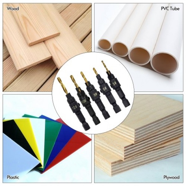 5PCS Countersink Drill Bit Set High Speed Steel with 1 Free Hex Key Wrench for Woodworking and Carpentry