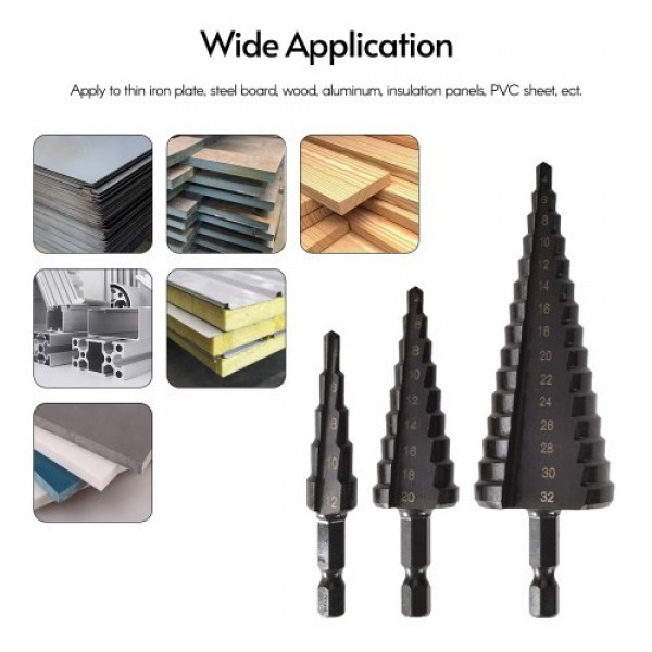 4PCS HSS Cobalt Stepped Drill Bit Set Practical Black Nitride Coated Metal Drilling Bits Kit for Thin Iron/Steel/PVC/Wood Panel